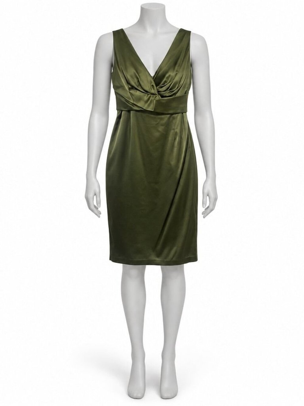 Donna Ricco Olive Green Satin-Finish Sheath Dress